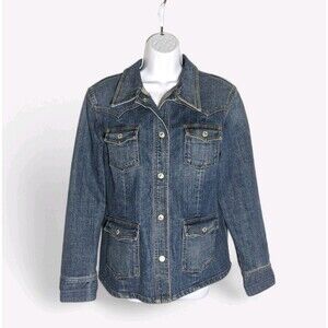 Vintage GAP Denim Jean Jacket Sz L Stretch Utility 4-pocket Western 90s Summer